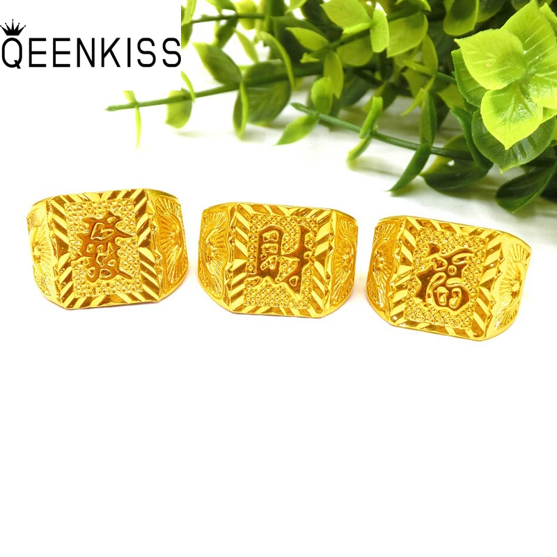 

QEENKISS RG839 2021 Fine Jewelry Wholesale Fashion Hot Man Boy Birthday Wedding Gift Square FA CAI FU 24KT Gold Resizable Ring