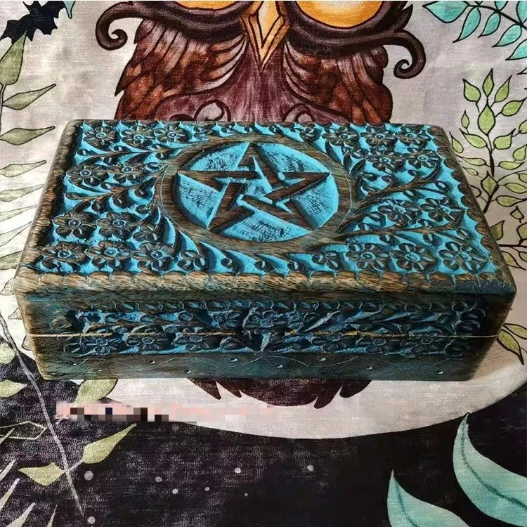 

New Indian Antique Walnut Wood Pentagram wooden box Jewelry Box Hand-carved Jewelry Crystal Box Storage Box Tarot Storage Box