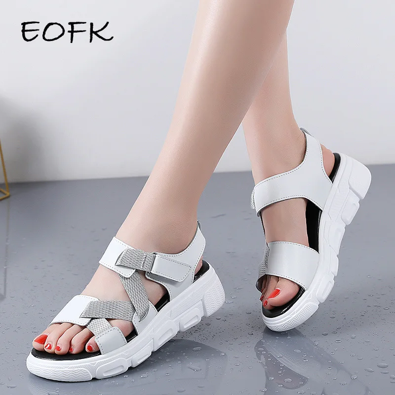 Женские кожаные босоножки EOFK летние сандалии на плоской подошве|Боссоножки и