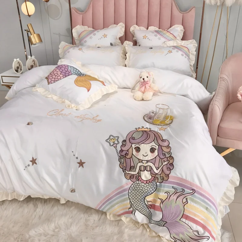 

Белого, розового и синего цвета с изображением русалки, купальный костюм Одежда для принцесс с вышивкой и атласного шелка из хлопка набор по...