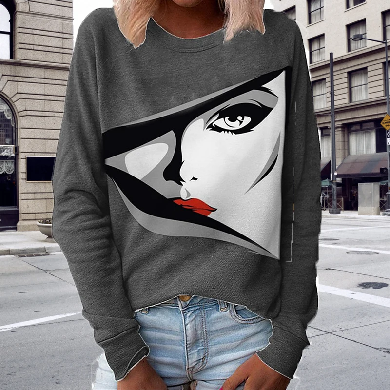 Женский топ с круглым вырезом длинным рукавом и принтом лица свободная уличная