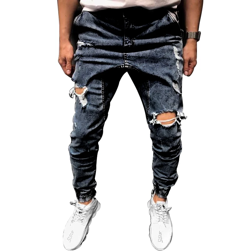 

Mens Cool Designer Brand Blue Black Jeans Skinny Ripped Destroyed Stretch Slim Fit Hop Hop Pants With Holes For Men