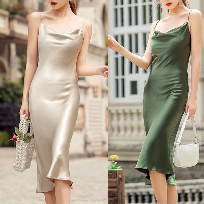 

Женское атласное платье-макси без бретелек, длинное платье на бретельках с открытой спиной, повседневное базовое платье для вечеринки, лето...