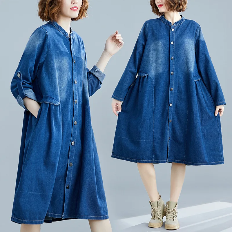 

Женское джинсовое платье, однобортное платье в Корейском стиле с вышивкой бабочек, воротником-стойкой и длинным рукавом, джинсовое платье б...