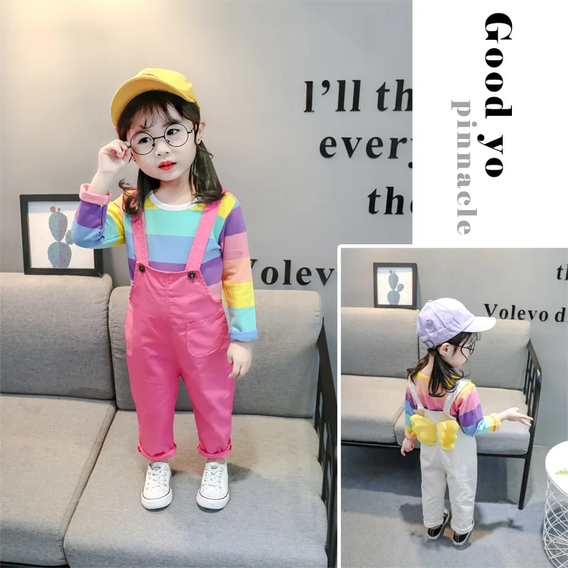 Весенние комплекты для девочек костюм с подтяжками одежда маленьких Радужная