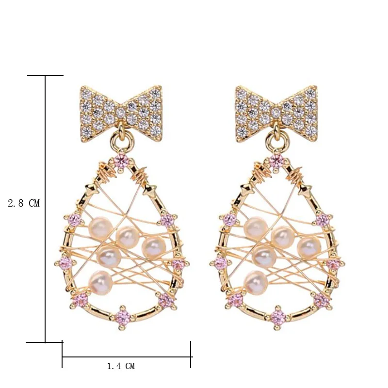 

Fashion Women Crystal Bow Drop Earrings Natural Freshwater Pearl Beads Water Drop Earrings Wedding Party Jewelry Accessories