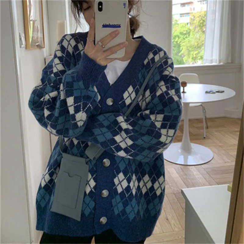 

Женский вязаный кардиган с V-образным вырезом, Свободный Повседневный свитер в Корейском стиле, модель Y2k на осень, 2021