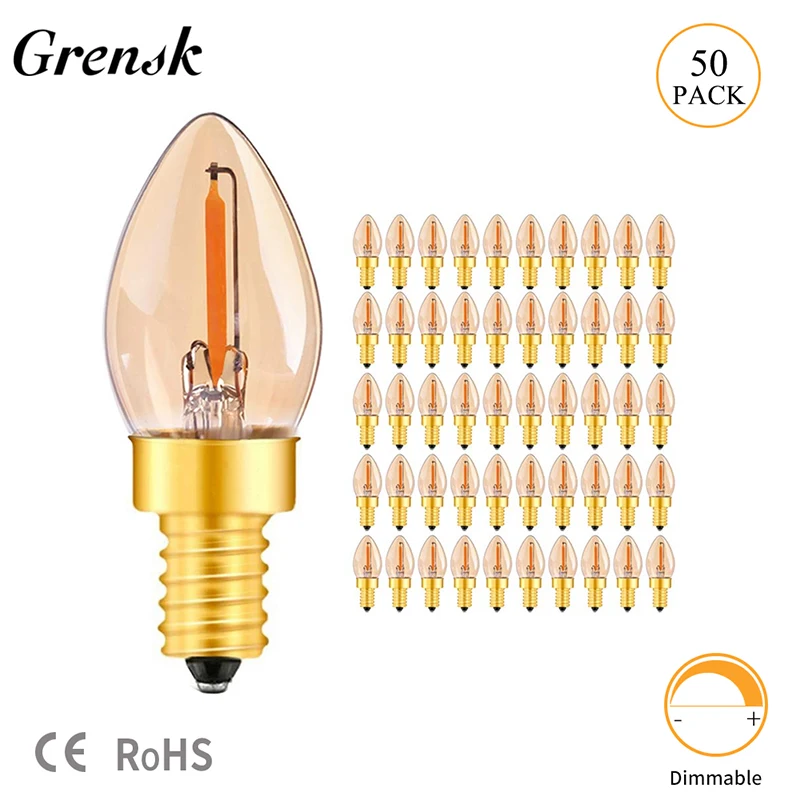 

Grensk Retro E14 Led Bulb C7 0.5W Edison Dimmable LED Filament Night Bulb Ultra Warm Yellow 2200K Candelabra Lamp E12 220V 50pcs