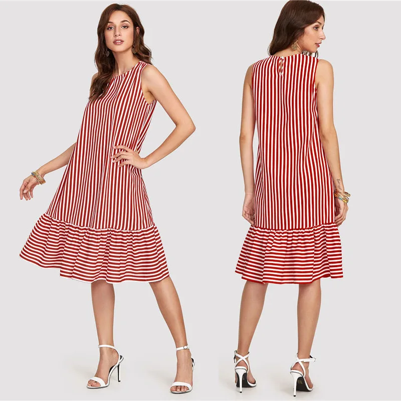 

Summer Casual Woman Dress Loose Stripe Print Ruffl Maxy Midi Dress Sleeveless Vintage Casual Beach Dresses For Women Robe Femme