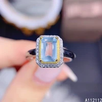 fine jewelry 925 sterling silver inset with natural gem womens trendy fashion rectangle aquamarine adjustable ring support dete