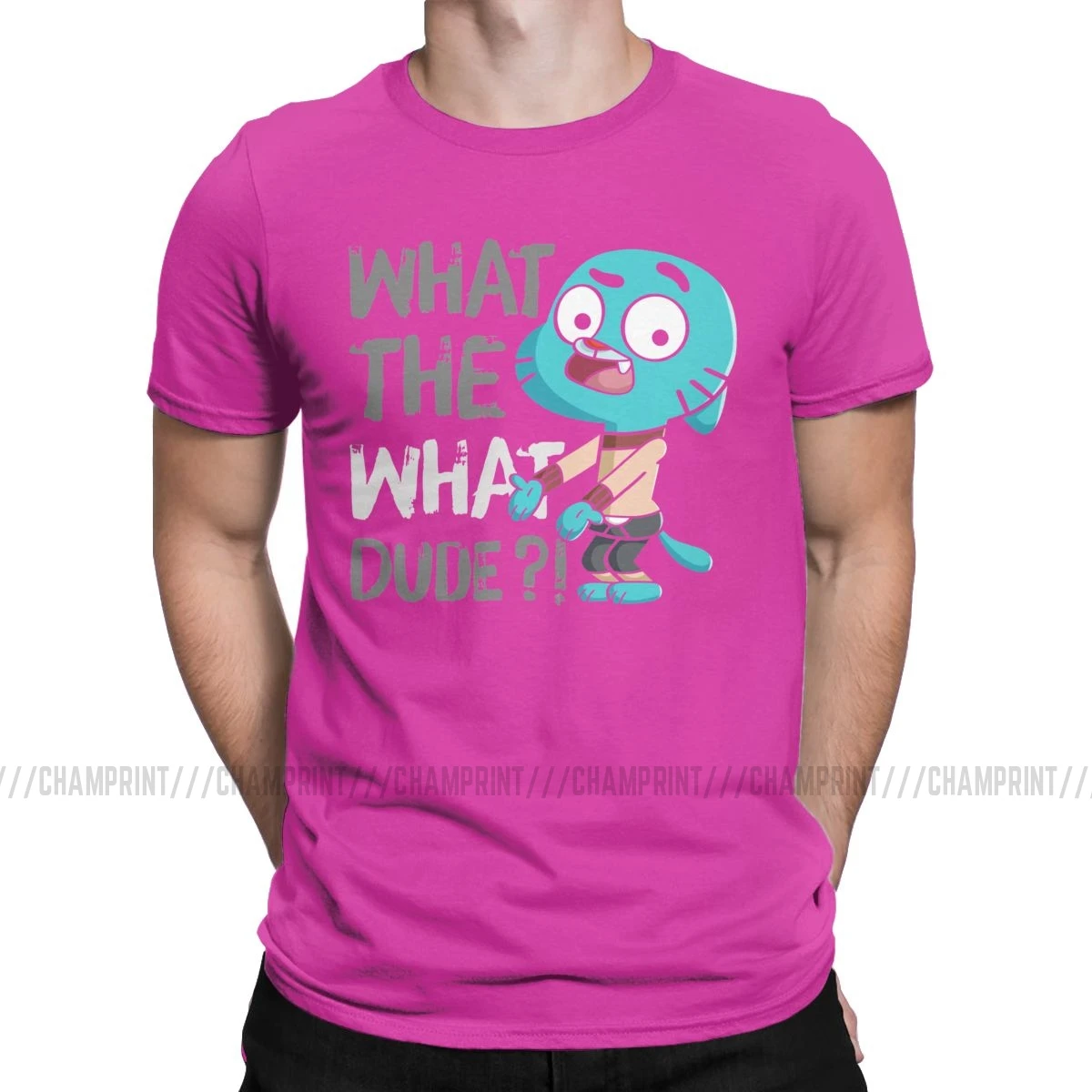 Men T-Shirt What The What Dude Creative Pure Cotton Tees Short Sleeve The Amazing World of Gumball T Shirt O Neck Tops Gift - Цвет: Фуксия