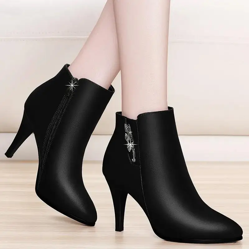 

Female Fashion Sweet Red Side Zipper Autumn High Heel Boots Lady Cool Comfort Winter Black Office Boots Botas Femininas C9225