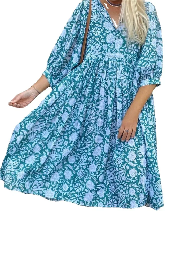 

2021 summer new style women's fashion printed high waist pullover v-neck dress