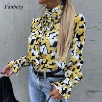 women casual butterfly print long sleeve shirt office lady elegant tie up bowknot tops blusas fashion stand collar ruffle blouse