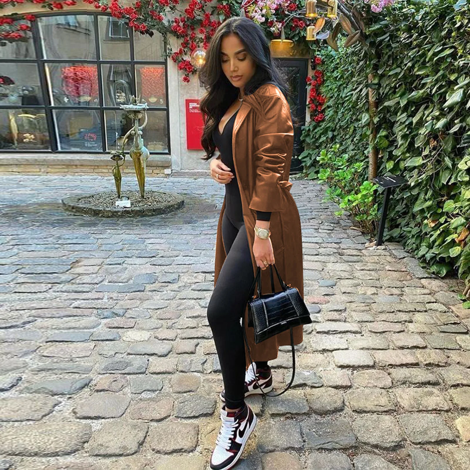 

Women Solid Color Jacket, Winter Long Sleeve Lapel Collar Open-front Leather Coat with Belt