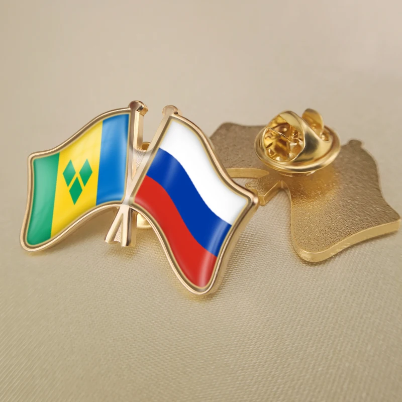 

Saint Vincent and the Grenadines and Russian Federation Crossed Double Friendship Flags Lapel Pins Brooch Badges