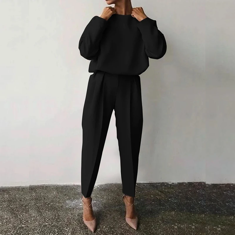 

2 Pcs Sets Ladies Suit Loose Solid Color Long-sleeved Casual Suit Women's Suit Jacket Tops + Sports Pants Cropped Trousers 2021