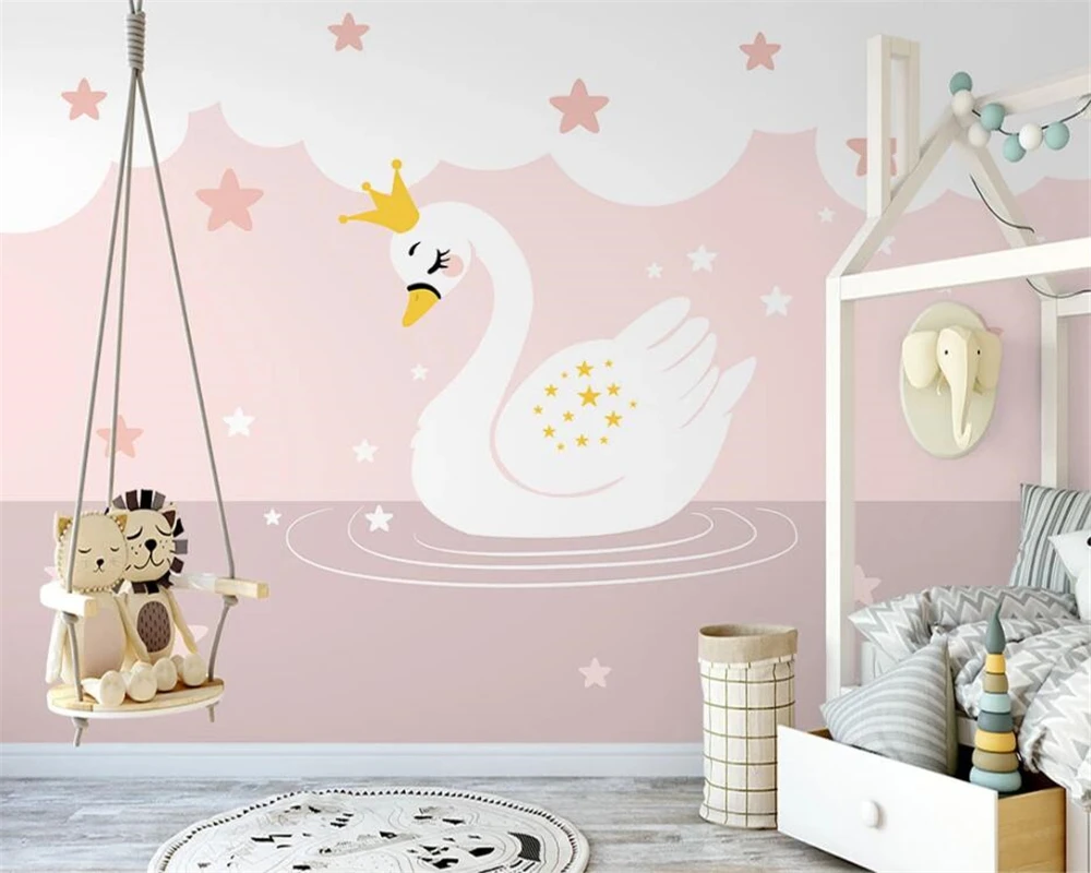 

beibehang Custom hand-painted pink cartoon swan children's room princess style indoor background papel de parede 3d wallpaper