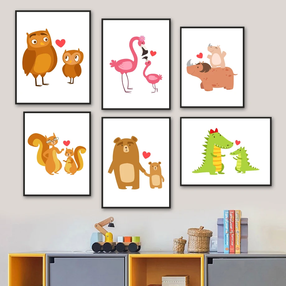 

Owl Flamingo Rhino Crocodile Squirrel Family Wall Art Canvas Painting Nordic Posters And Prints Wall Pictures Kids Room Decor
