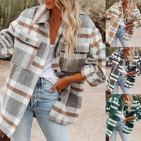 dropshipping women coat plaid print single breasted autumn winter turndown collar pockets jacket for office