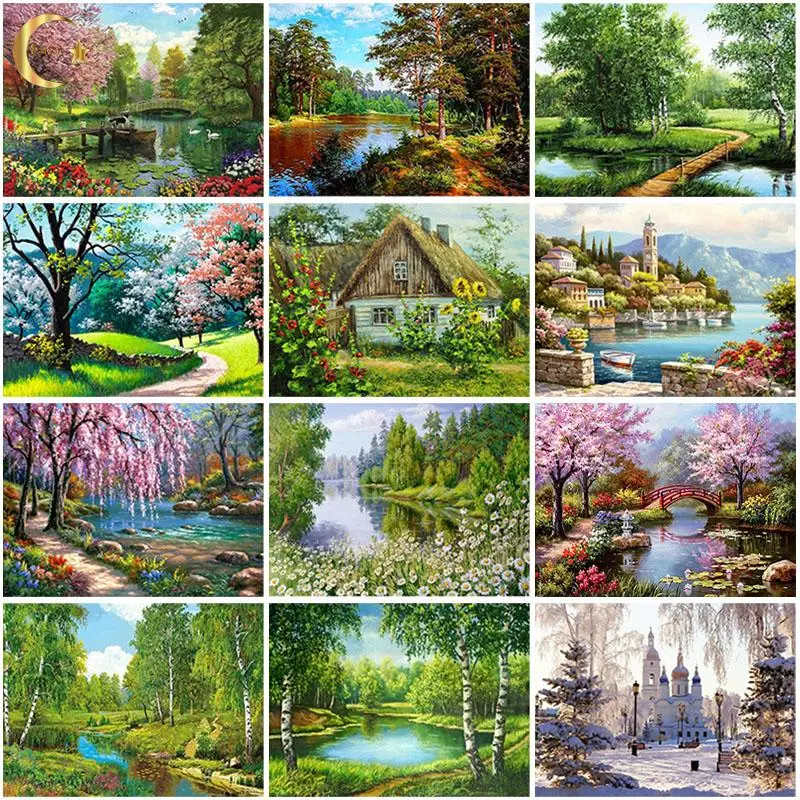 

DIY 5D Villa Scenery Diamond Painting Tree Full Round Resin Mosaic Landscape Diamond Embroidery Picture Rhinestone Home Decor