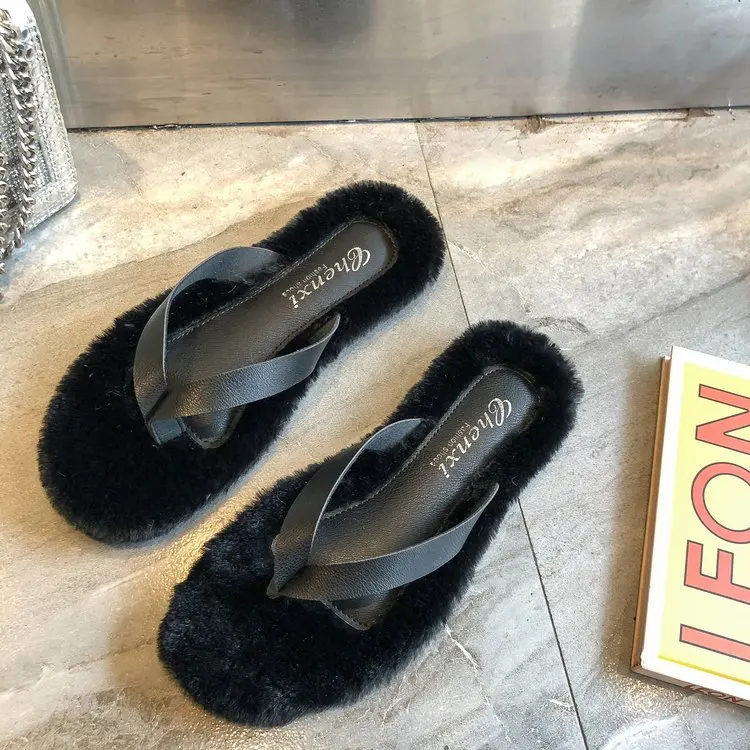 Classics Winter Women Fur Flip Flops Outside Flat Open Toe Women Shoes Solid Casual Faux Fur Slippers