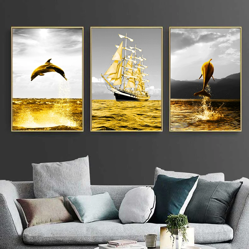 Золотой Морская жизнь пейзаж парусная лодка Dolphin Wall Art Холст Картина Плакаты