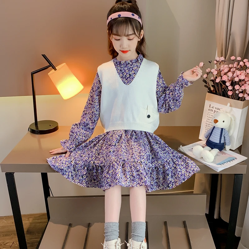 

2 шт., детские шерстяные платья с длинным рукавом и разбитыми цветами