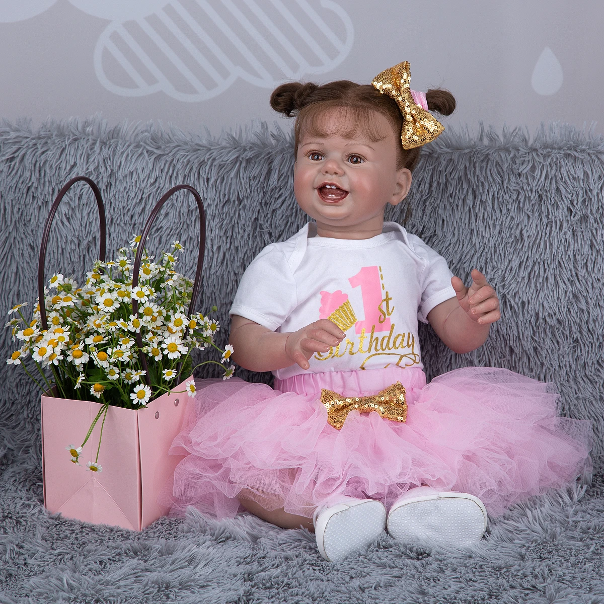 

27 Inch Happy Reborn Cloth Body Baby Dolls Hand Painting Lifelike Rooted Hair Smile Newbron Doll Toys For Kid's Birthday Gifts