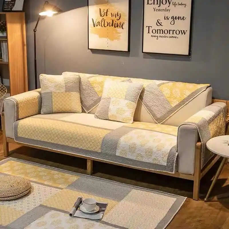 Хлопковый чехол для дивана бежевый клетчатый подушки подлокотника полотенце