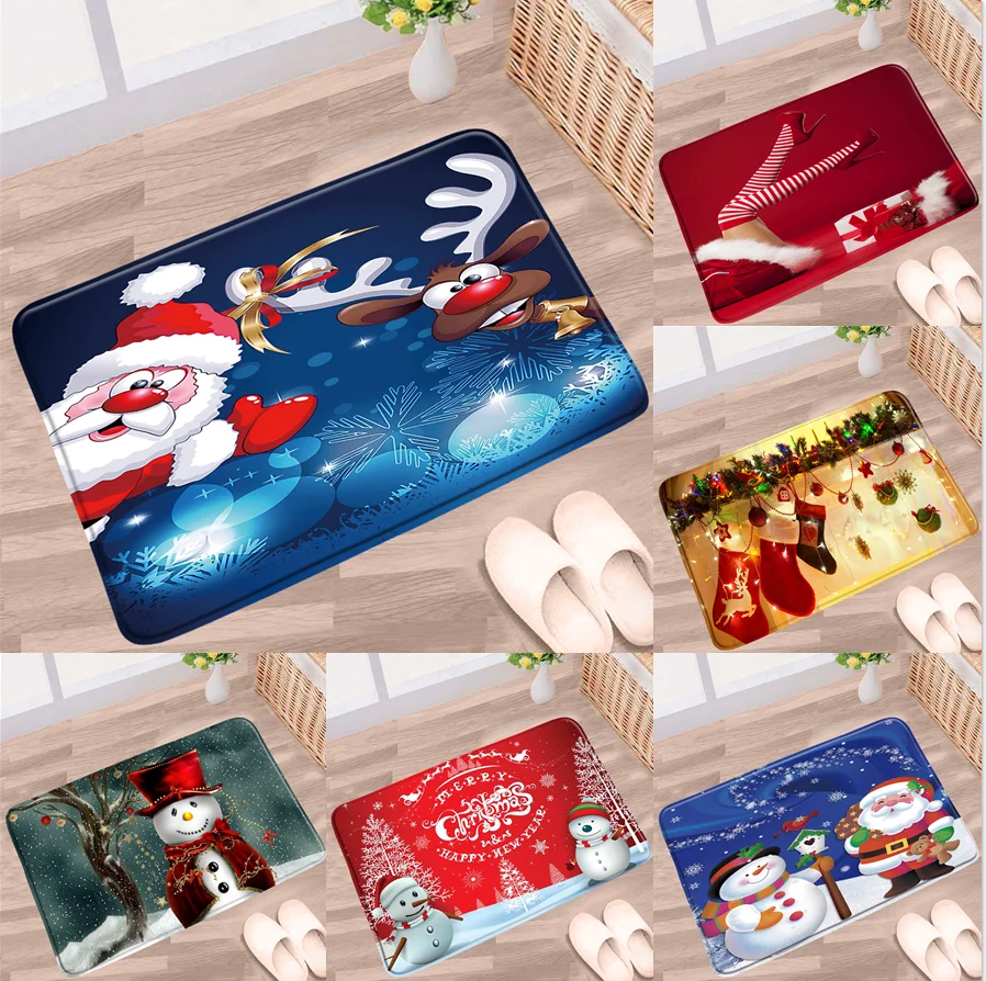 

Christmas Bathroom Mat Santa Claus Elk Snowman Holiday Gift Anti-Slip Rug Flannel Floor Decor Bath Kitchen Entrance Aisle Carpet