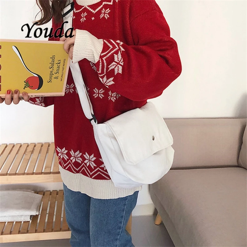 

White Ladies Simple Shoulder Bag Korean Canvas Casual Snap Messenger Black Student Book Bags for Girl Crossbody Pack