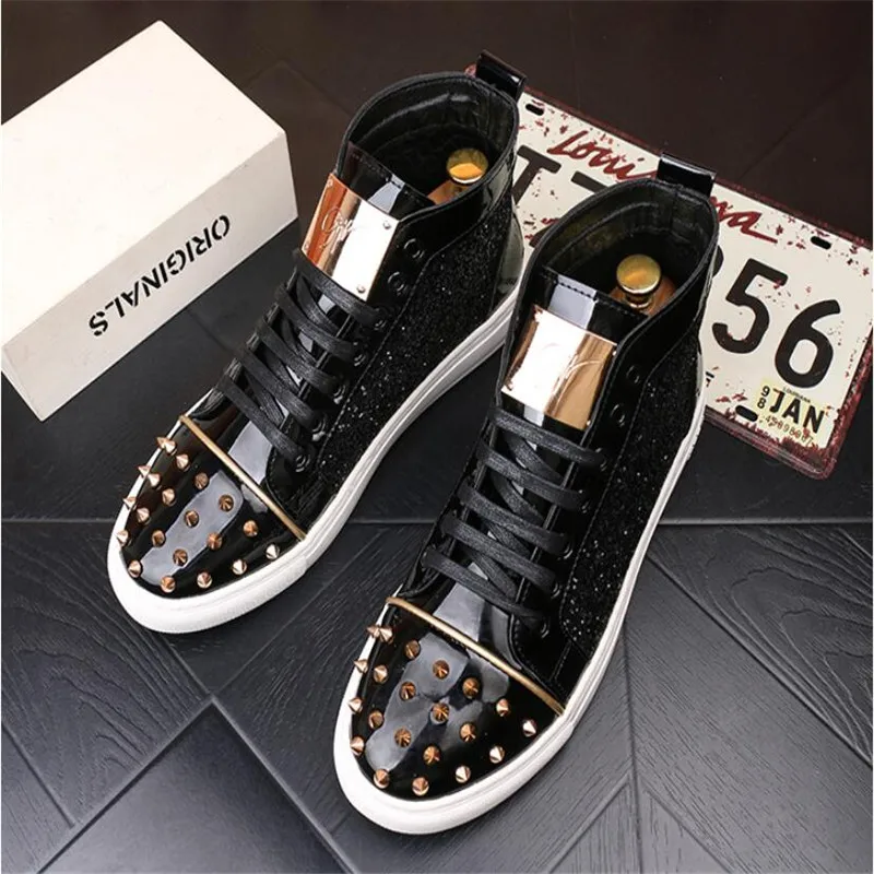 

Top Quality Fashion Men High Top British Style Rrivet Shoes Men Causal Luxury Shoes Red Gold Black Bottom rubber Shoes for Male