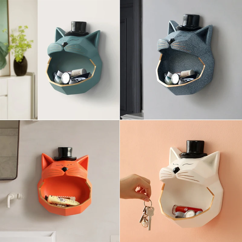 

Big Mouth Cat Figurine for Wall Decor Wall Storage Box Animal Cat Box Sculpture Jewelry Key Box Wall Hanging Decor Wall Shelf