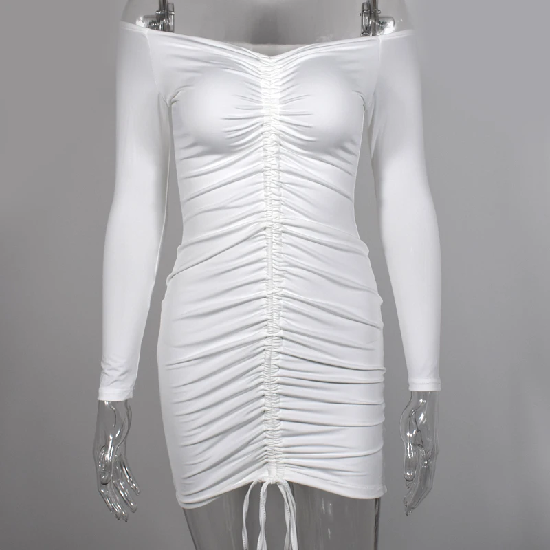Невозьму 2 слоя осеннее платье Для женщин с открытыми плечами Drawstring Ruched Bodycon платье женские вечерние Клубные пикантные зимнее платье