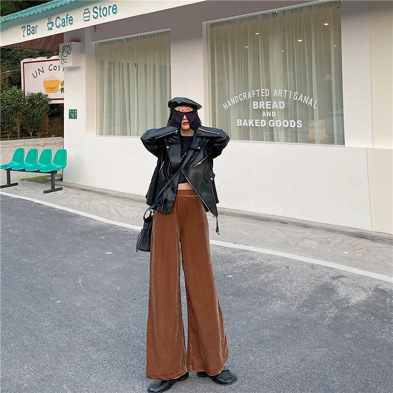 KINOMI зимние Бархатные женские широкие брюки кофейного цвета с высокой талией в