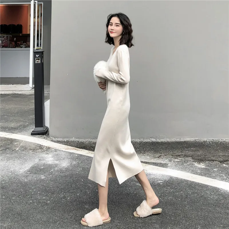 Негабаритный корейский вязаный длинный v-образный Вырез Свободный Боковой