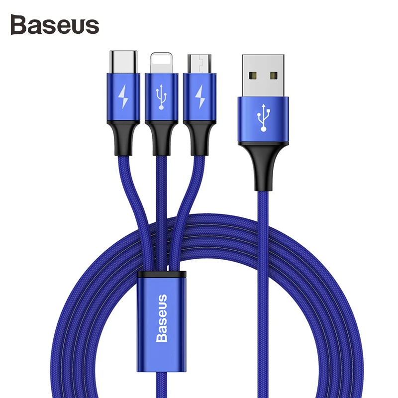 Baseus 3 в 1 USB кабель для iPhone XS Max XR X 8 samsung huawei зарядное устройство Micro USB кабель 2 в 1 мобильный телефон usb type c кабель