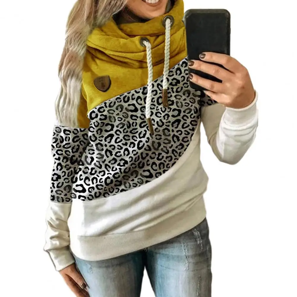 

Women Hoodie Leopard Print Patchwork Autumn Winter Long Sleeve Drawstring Hooded Sweatshirt Women for Daily Wear pullover Tops