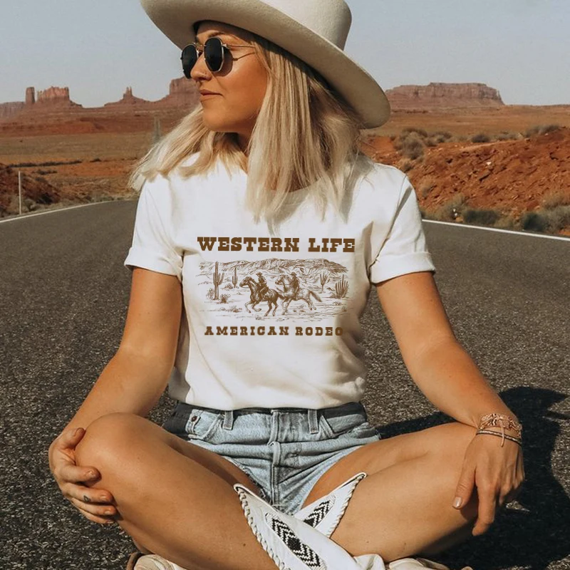 

VIP HJN Cowboy Rodeo Retro Women T-Shirt Cowgirl Western Style Country Vintage T Shirt Cotton Short Sleeve Cute Aesthetic Tee
