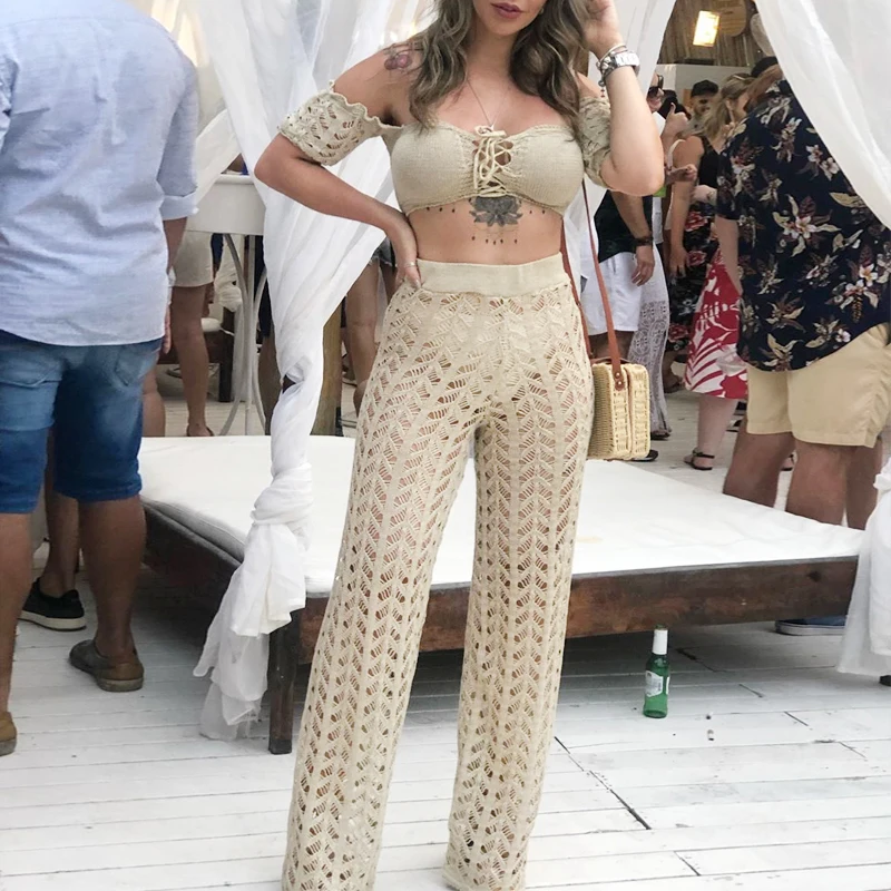 Пляжные брюки с высокой талией 2020 Модная вязаная сетчатая летняя пляжная одежда