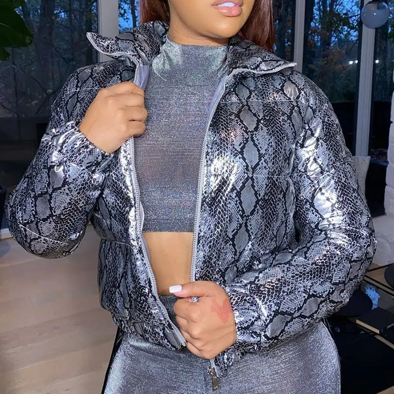 

Женская зимняя укороченная парка со змеиным принтом, Толстая Повседневная теплая куртка с воротником-стойкой, Женская винтажная хлопковая ...