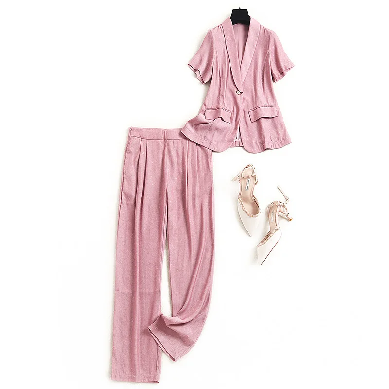 

2021 Lyocell Casual Women Set Blue Suit Jacket Short Sleeve Sequins Solid Color Straight Ankle Length Pink Pants Fashion Lady