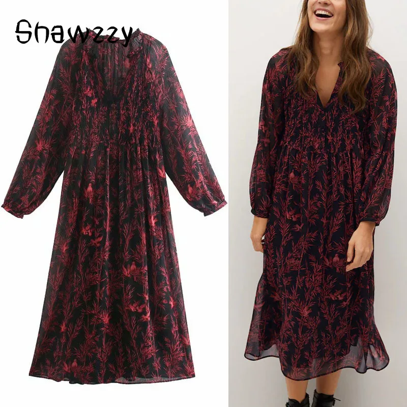 

2021 Za Flowy Print Midi Dress Women Vintage Long Puff Sleeve Party Dresses Woman Fashion Inner Lining Fitted Elegant Vestido