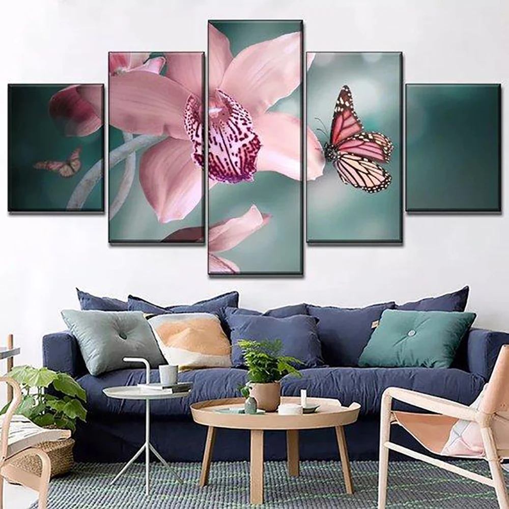 

5 Pieces Wall Art Canvas Painting Orchid Butterfly Poster Modern Home Decoration Modular Pictures Living Room Bedroom Framework