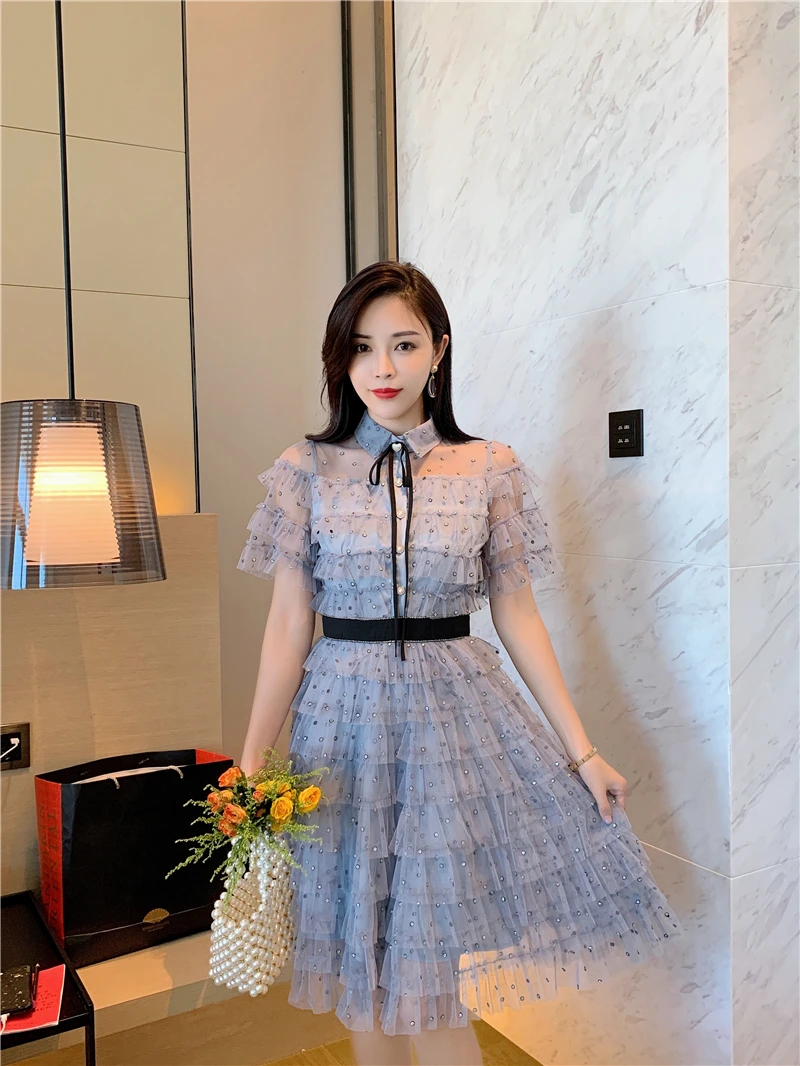 

ZAWFL Women Polka Dot Dress Retro Sweet Mesh Long Puff Sleeve Elegant Blue Dress Autumn Korean Splice A-line Short Dress