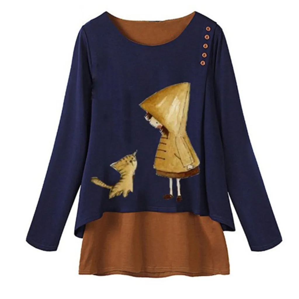 Футболка женская с круглым вырезом мультяшный принт кота длинный рукав пуговицы