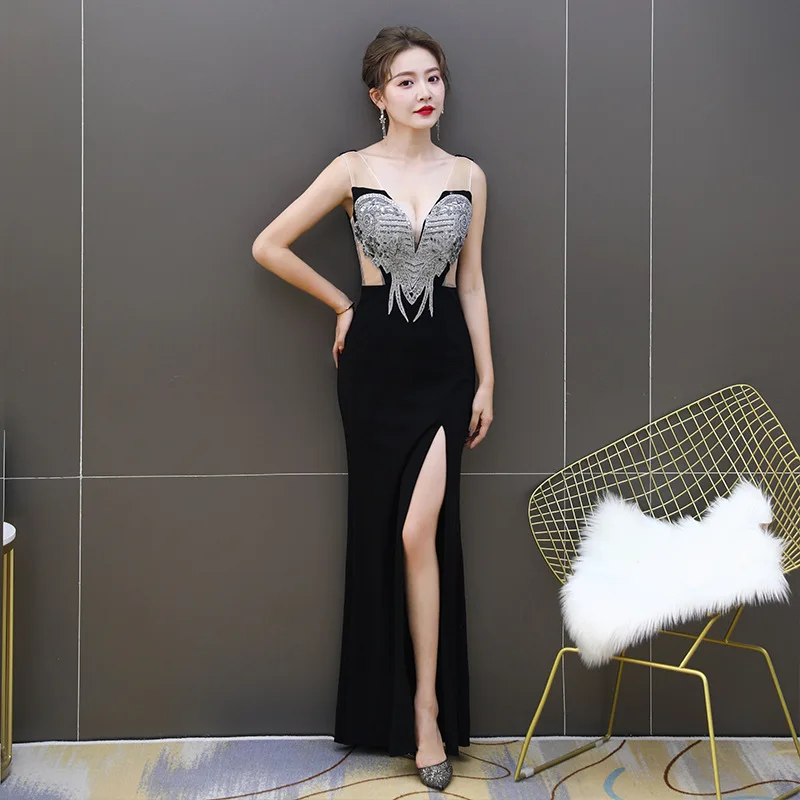 

Соблазнительное черно-белое кружевное вечернее платье стразы, женское вечернее массажное длинное платье с юбкой-годе Aura Queen для ночного клуба