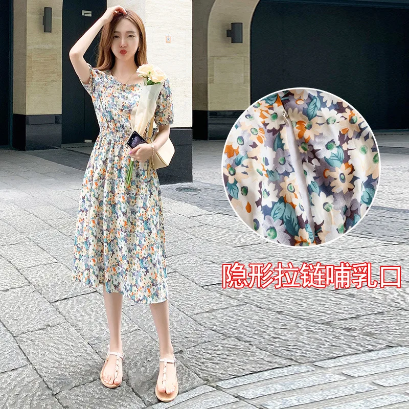 

Summer Chic Ins Fashion Maternity Nursing Dress Floral Printed Chiffon A line Slim Waist Feeding Clothes Pregnancy Mother