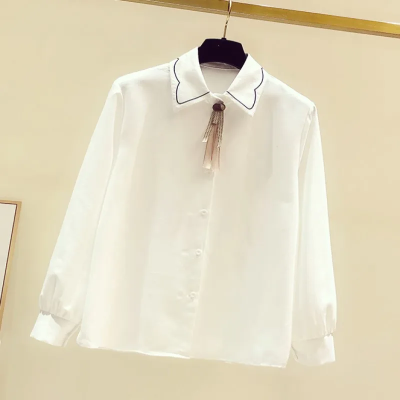

Женская блузка с длинным рукавом, элегантная однотонная белая Повседневная рубашка с отложным воротником и бантом, весна-осень 2021